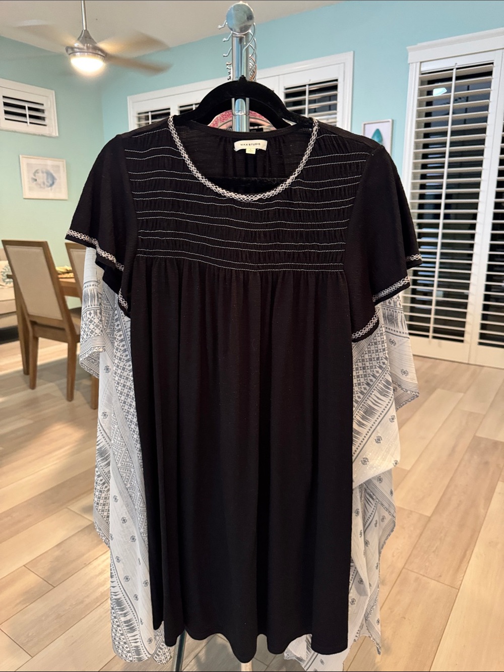 Max Studio Black Short-Sleeve Dress with White Printed Capelet